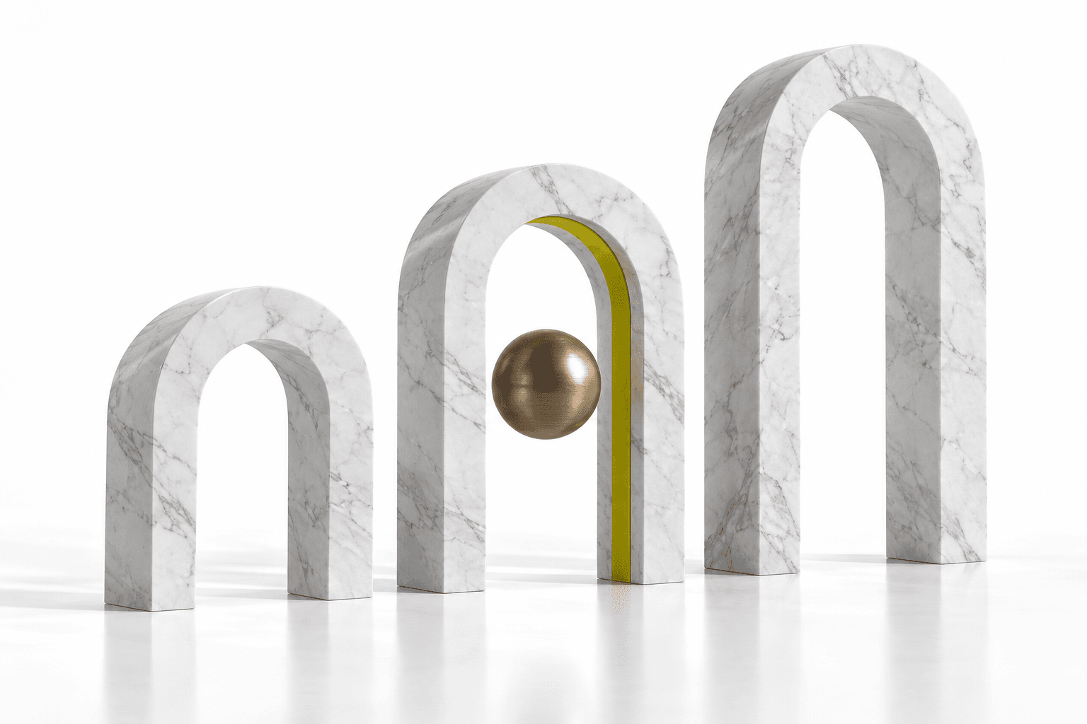 A bronze sphere passing through a series of marble arches